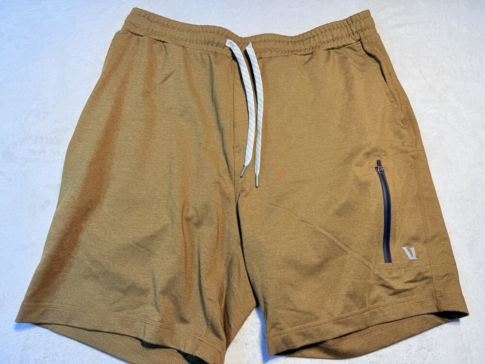 Vuori Sunday Performance Shorts Heather Camel Tan Zip Pocket Athletic Sz L